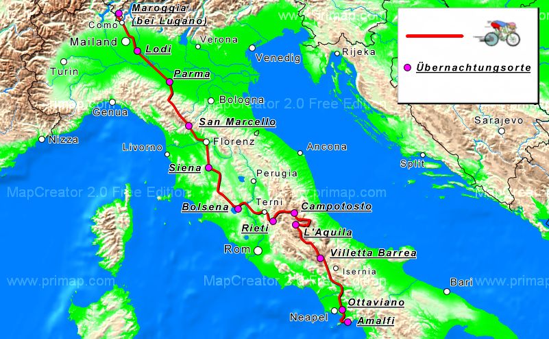 Übersichskarte Radtour Abruzzen Amalfi